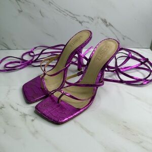 Schutz Lily Croc Embossed Metallic Fuchsia Leather Ankle Wrap Sandal Heels